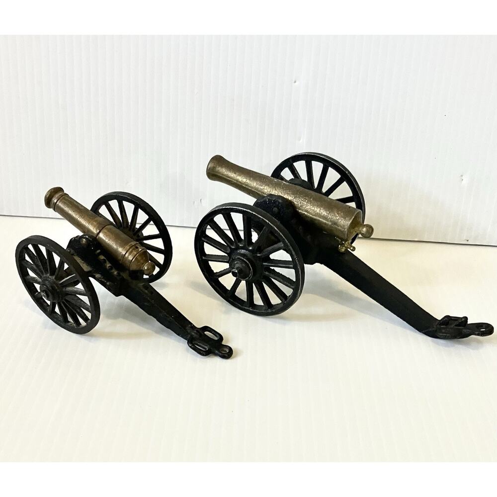2 Vintage Cast Iron Brass Civil War Cannon Moving Replicas Penncraft #1 & Falk
